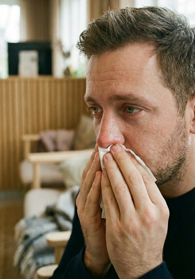 Symptome einer Allergie: Nasenatmungsbehinderung, Niesattacken, rinnende Nase